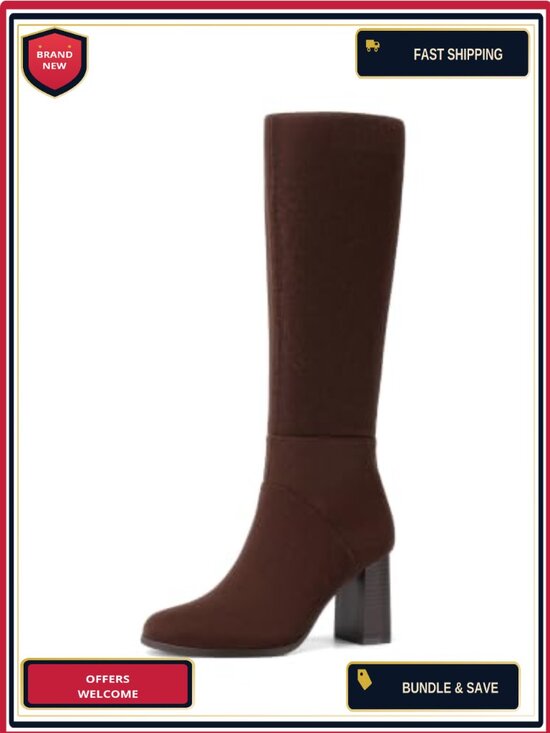 Shoes - Knee High Boots for Women Chunky Block Heel Side Zipper Faux Suede Round Toe